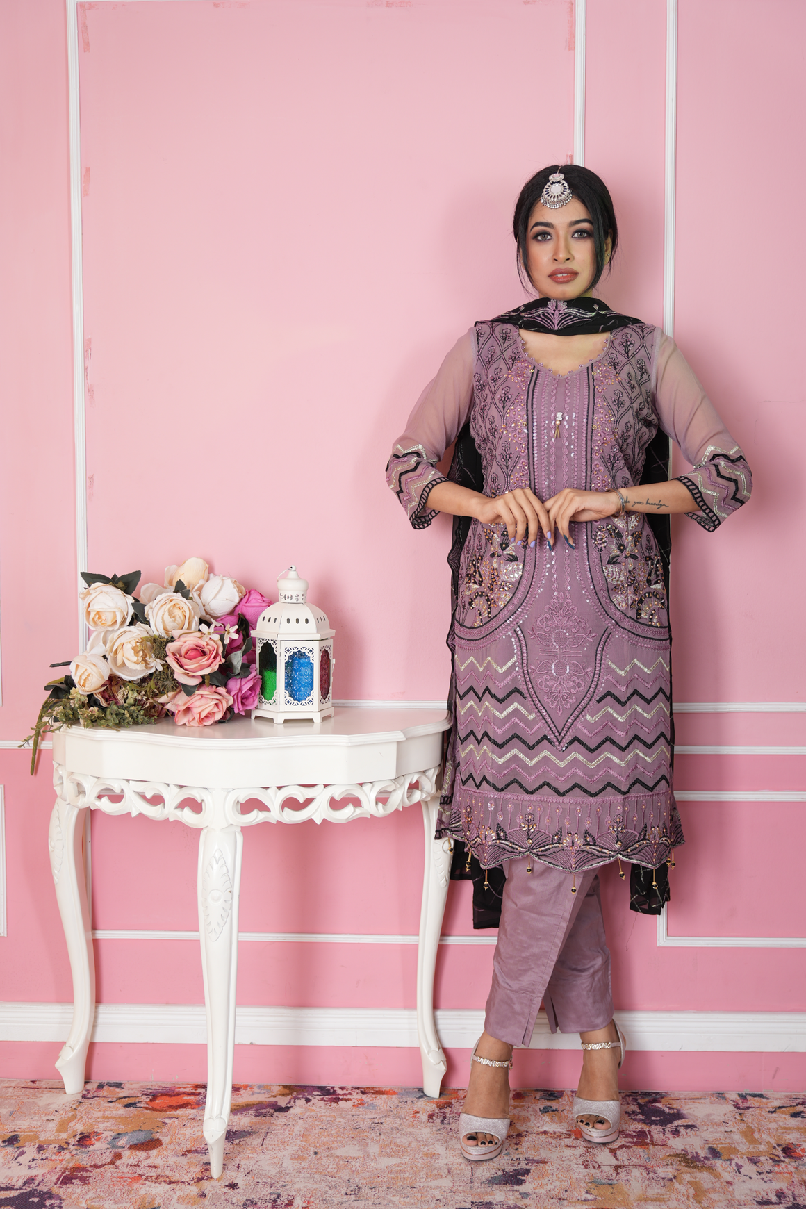 chiffon kameez with all over embroidery work